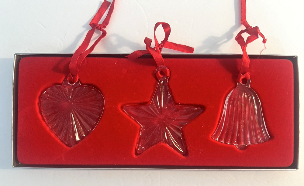 Vintage Fostoria Clear Crystal Christmas Ornaments Set of 3 ORIGINAL BOX